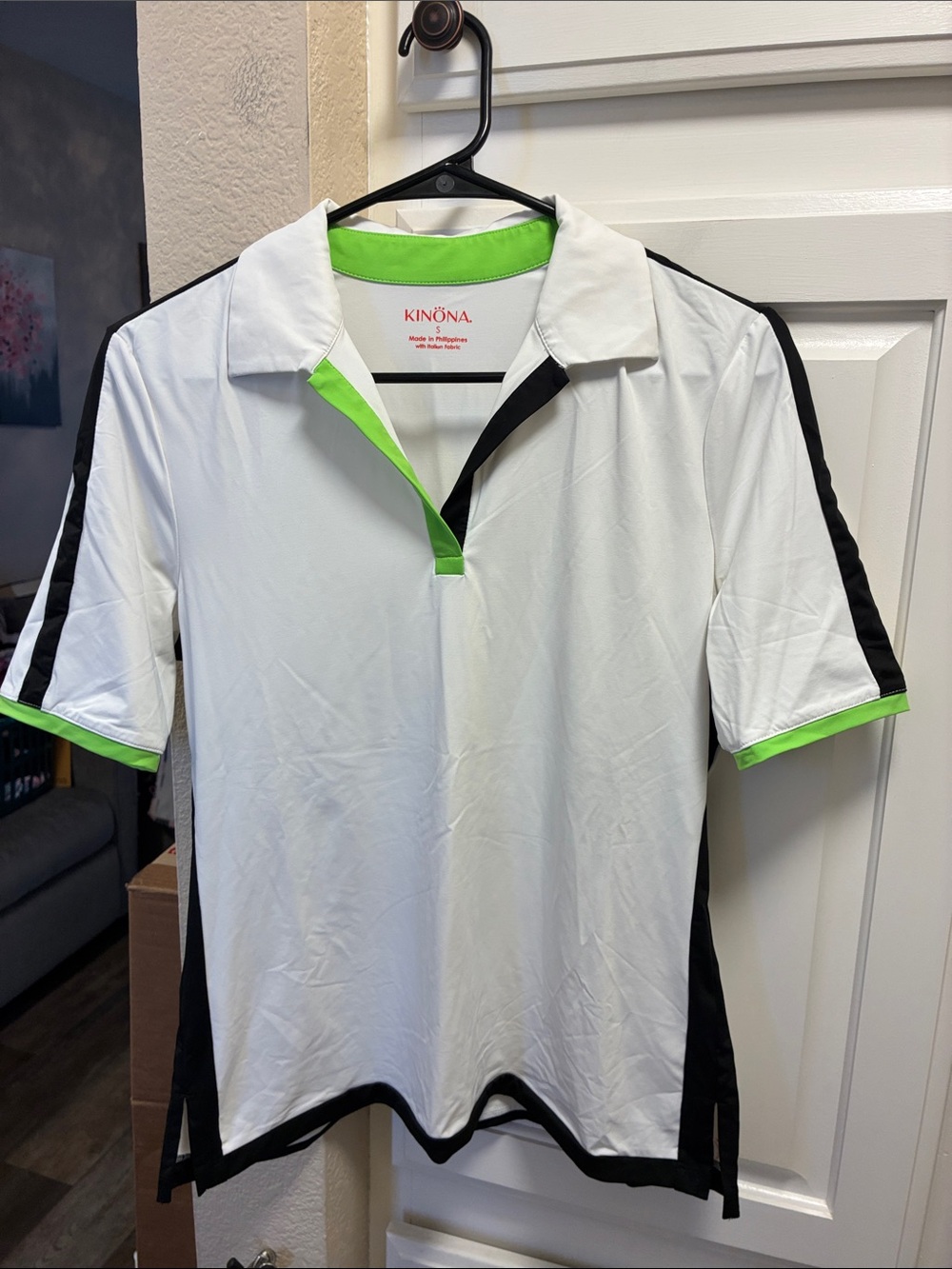 Kinona White golf/athletic short sleeve dry fit polo w/ Lime Green & Black Trim